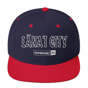 LānaʻI City Snapback Hat — Navy/ Red — front view
