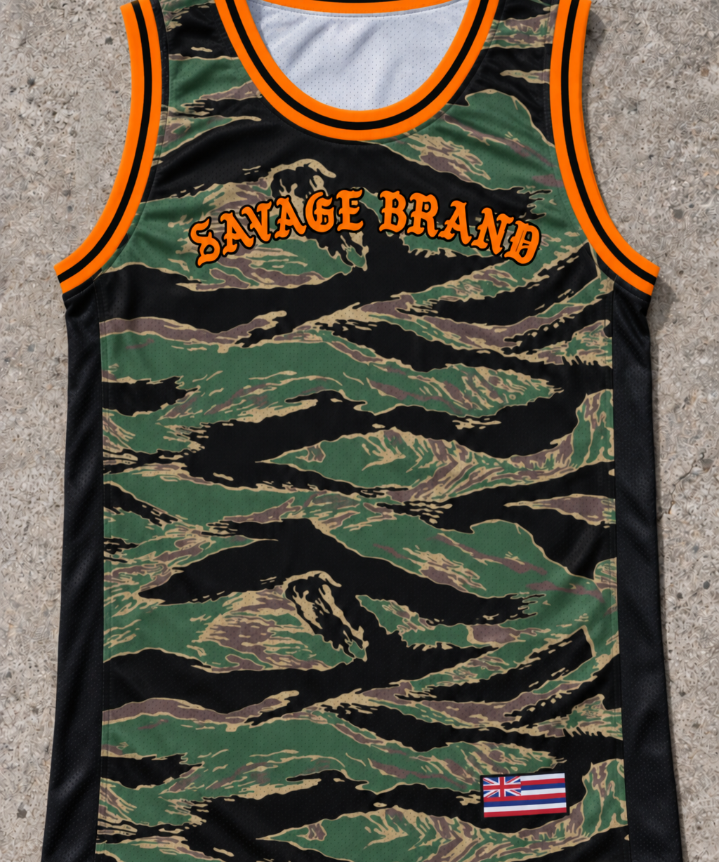 Kihei 53 Jersey Tank Camo Orange — Front flat lay
