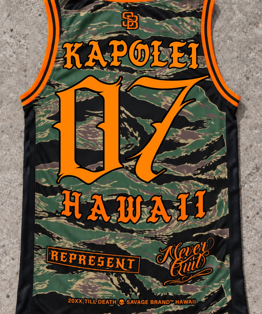 Kapolei 07 Jersey Tank — Camo Orange — Back flat lay