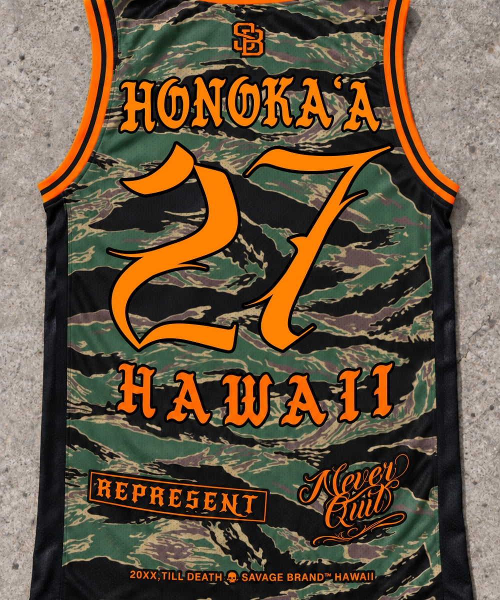 Honokaa 27 Jersey Tank — Camo Orange — Back flat lay