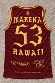 Mākena 53 Jersey Tank — Red & Gold — back view