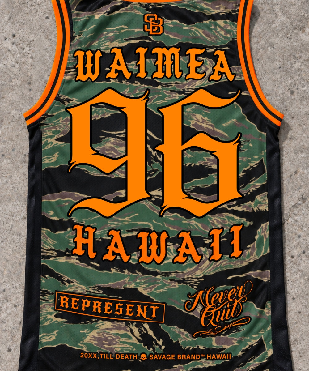 Waimea 96 Jersey Tank — Camo Orange — Back flat lay
