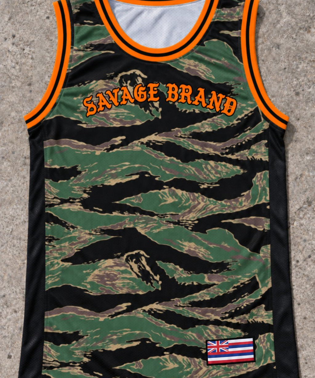 Kapolei 07 Jersey Tank — Camo Orange — Front flat lay