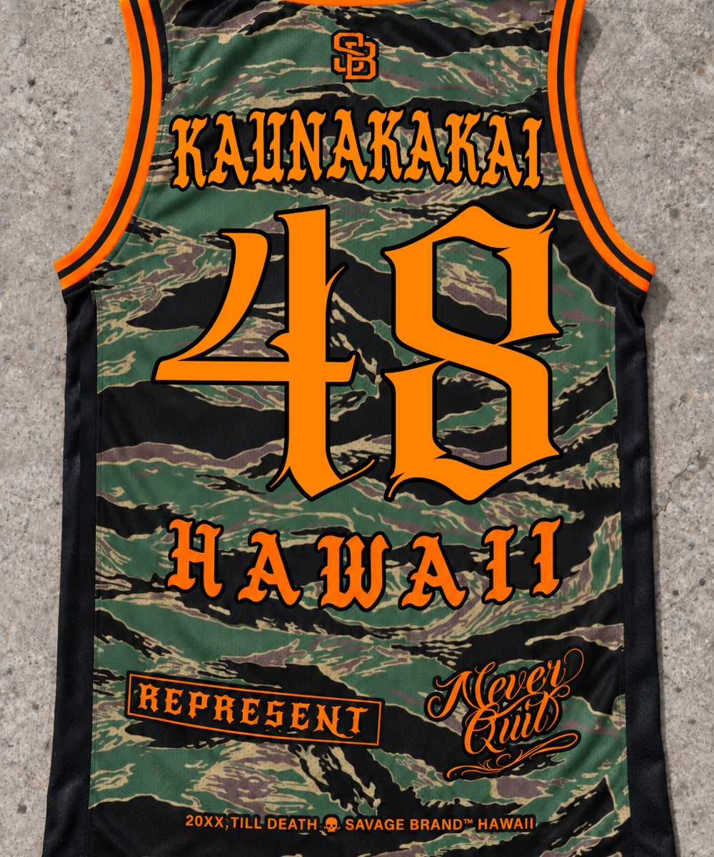 Kaunakakai 48 Jersey Tank — Camo Orange — Back flat lay
