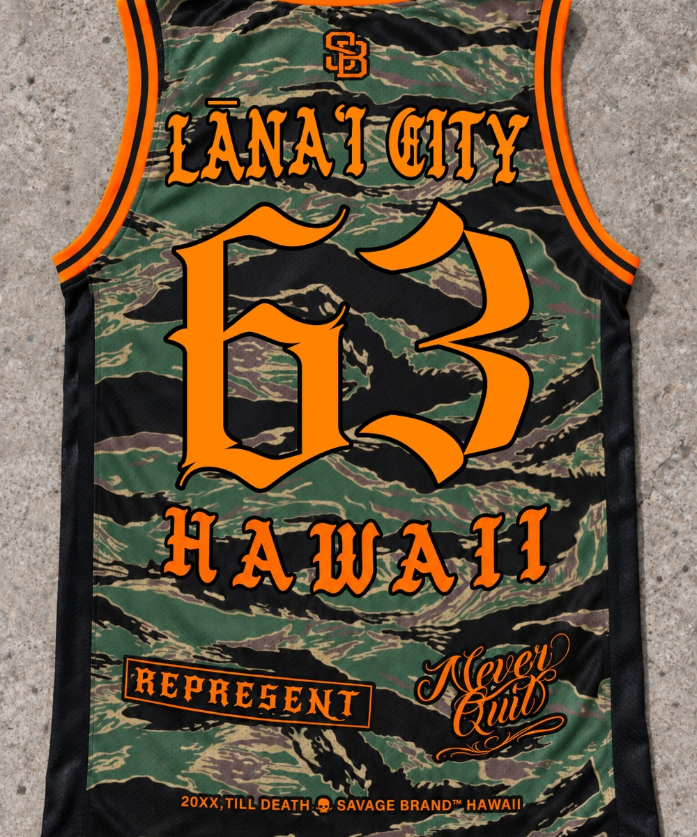 Lanai City 63 Jersey Tank — Camo Orange — Back flat lay