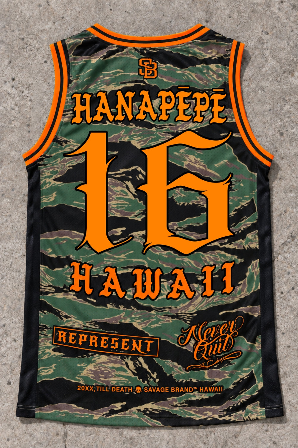Hanapepe 16 Jersey Tank — Camo Orange — Back flat lay
