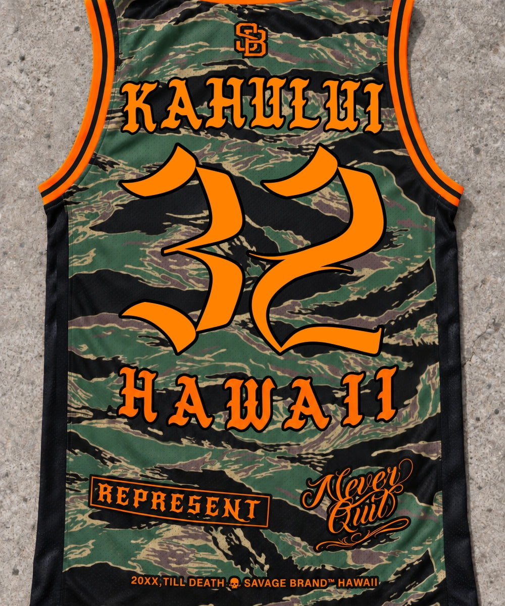 Kahului 32 Jersey Tank — Camo Orange — Back flat lay