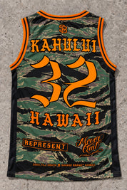 Kahului 32 Jersey Tank — Camo Orange — Back flat lay