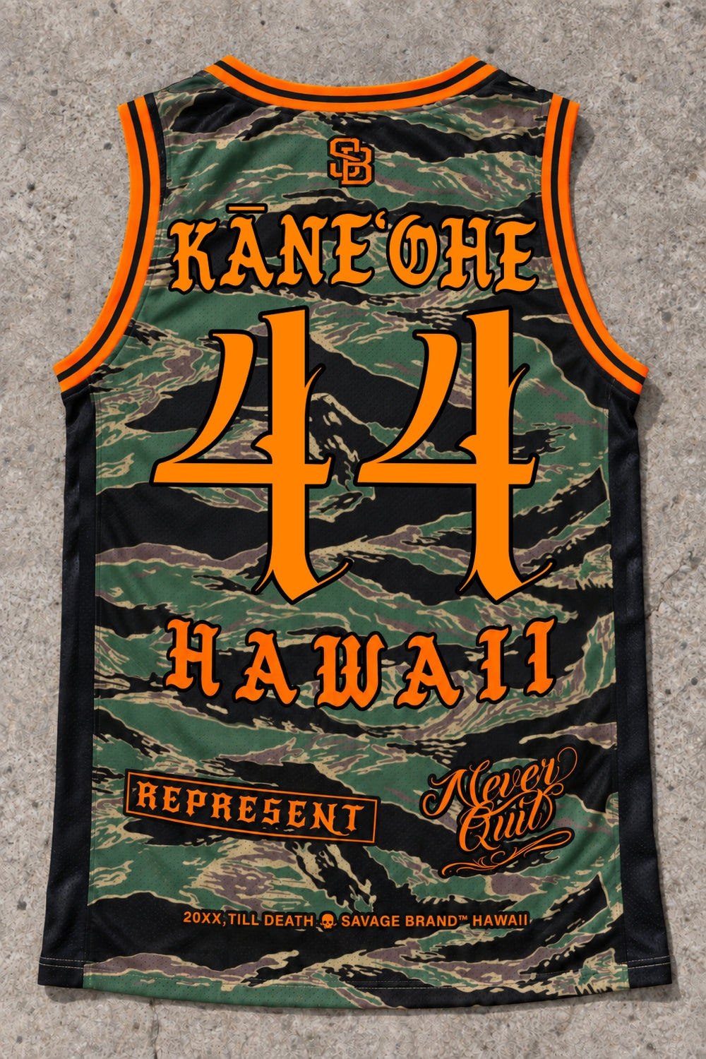 Kaneohe 44 Jersey Tank — Camo Orange — Back flat lay