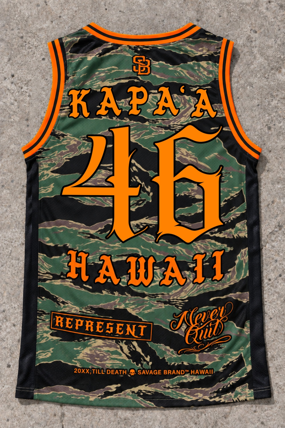 Kapaa 46 Jersey Tank — Camo Orange — Back flat lay