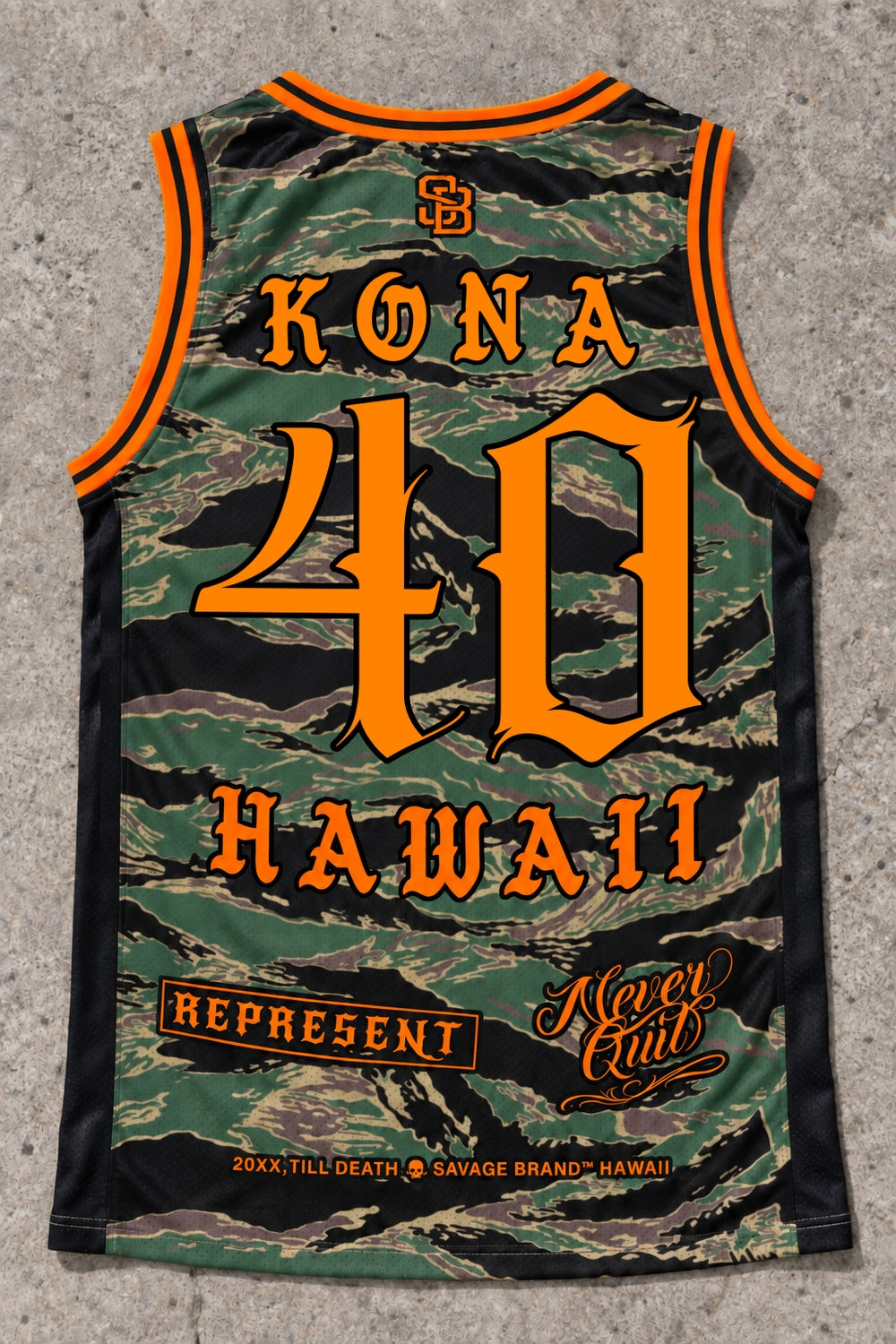 Kona 40 Jersey Tank — Camo Orange — Back flat lay