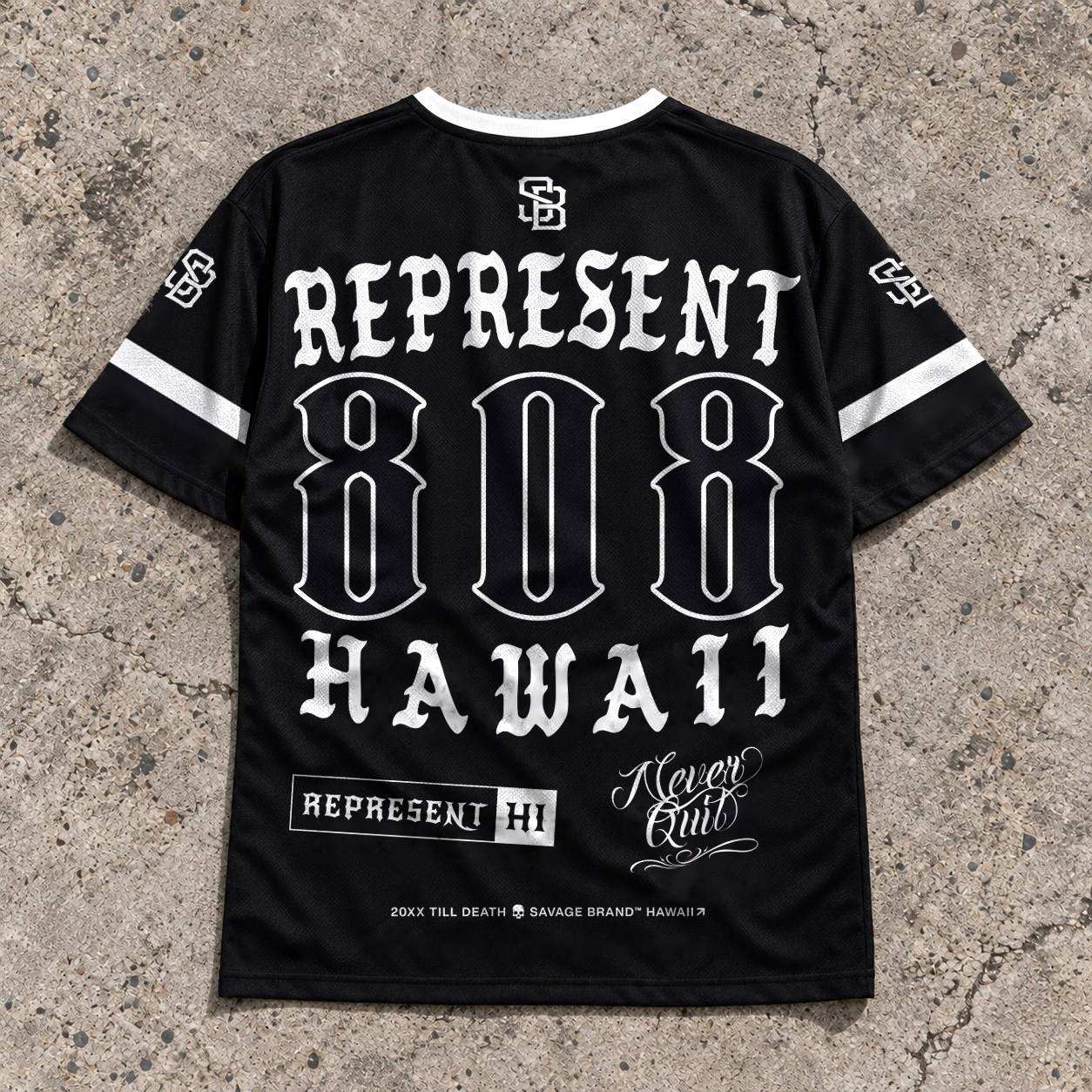 Represent 808 Black Jersey back view with REPRESENT 808 HAWAII lettering on concrete