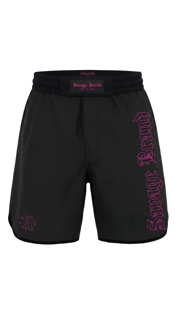 Savage Wolves Purple Grappling Shorts in black with purple Savage Brand lettering